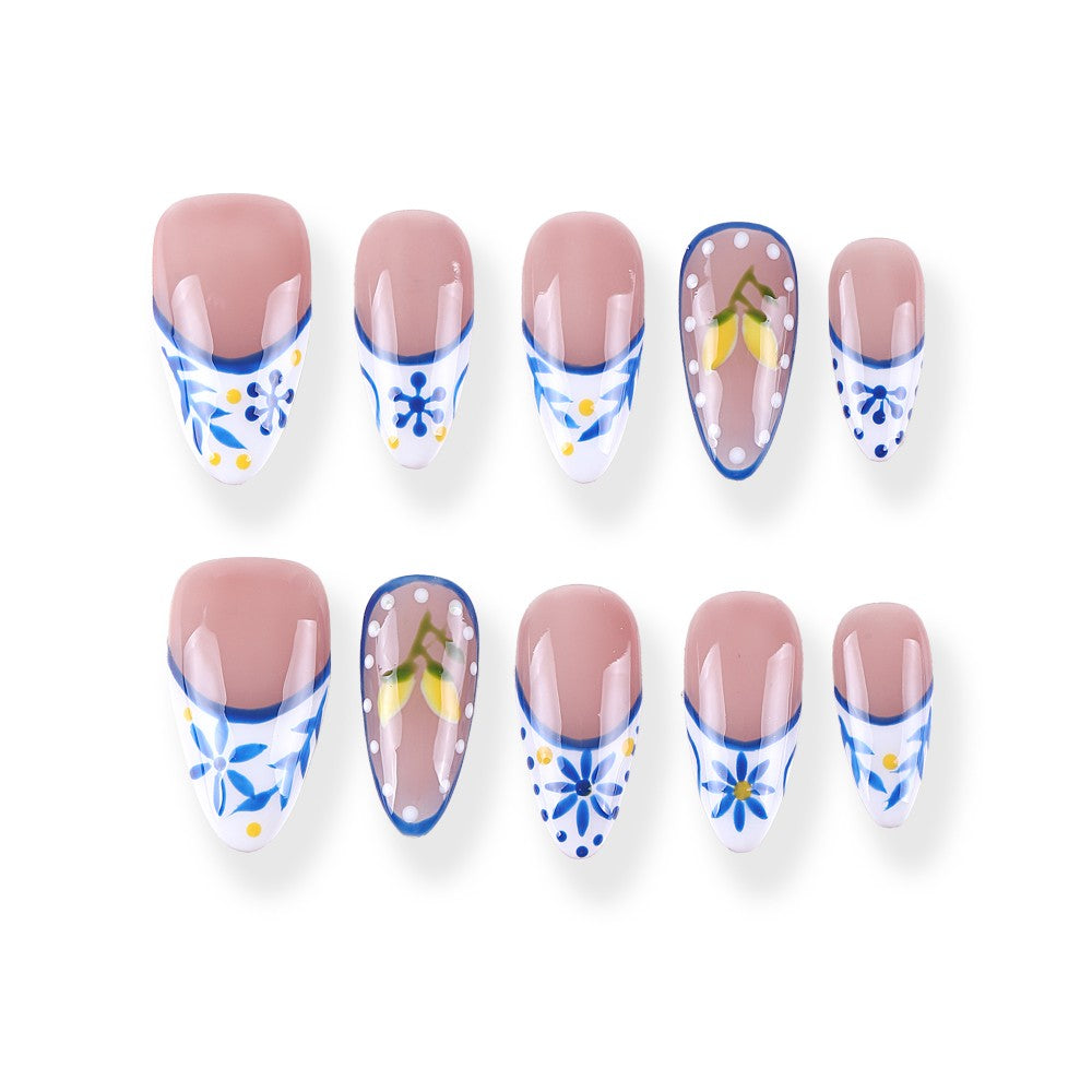 Mediterranean blue and white porcelain, hand-painted flowers and lemons, medium almond French style press on nail