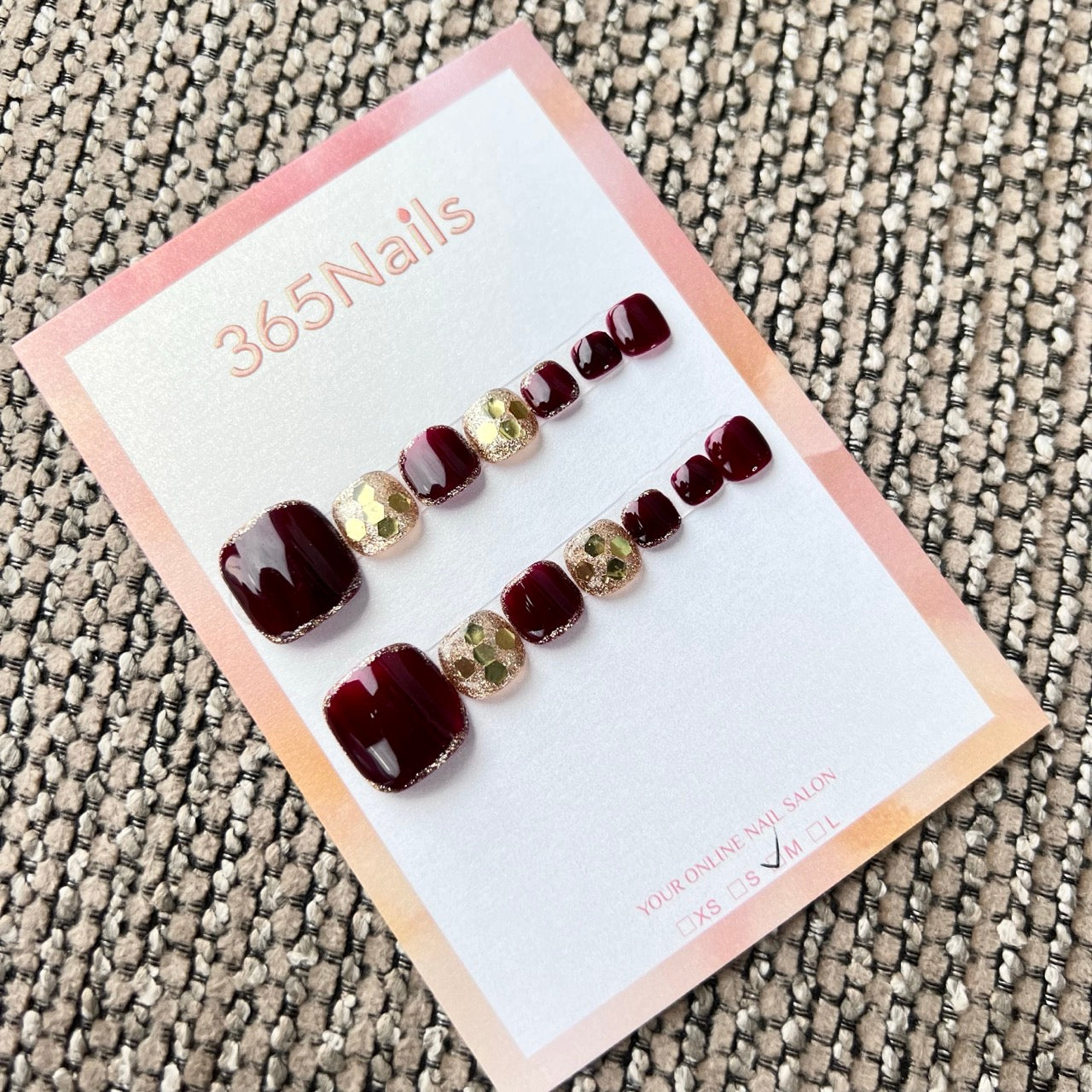 365nails: "wine red & gold glitter" – handmade press-on pedicure