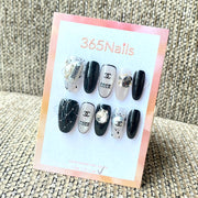 Luxury Logo 365nails: "Monochrome Coco" – Quilted Leather & Silver Chrome Handmade Squoval Nails