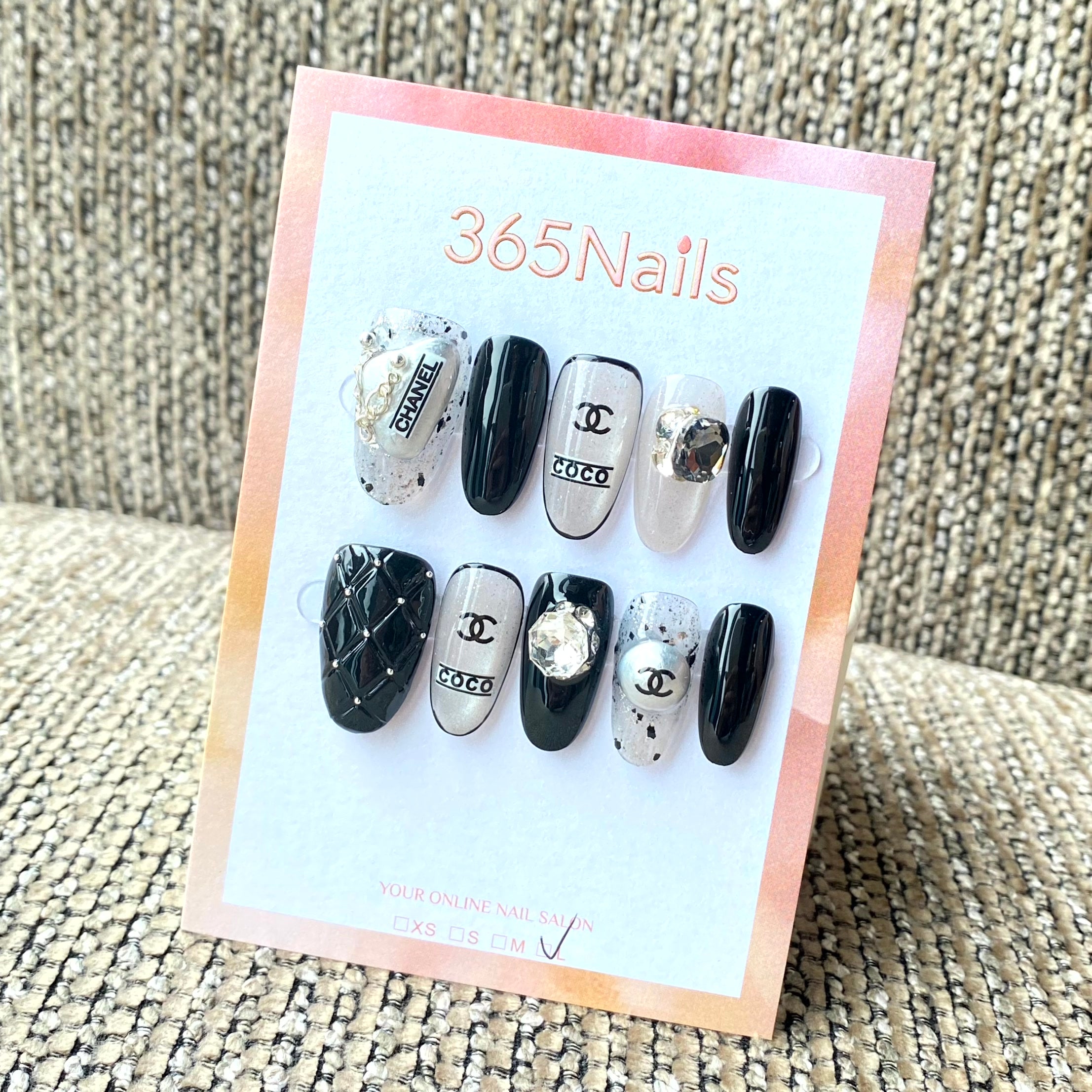 Luxury Logo 365nails: "Monochrome Coco" – Quilted Leather & Silver Chrome Handmade Squoval Nails