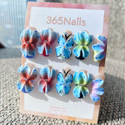 Flora Esculpida: "Flor Prismática de Poá" – Unhas Quadradas Longas Florais 3D Coloridas Gradiente e de Poá Azul