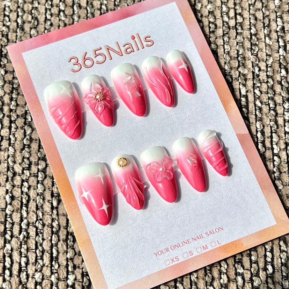 365nails: "Pink White Gradient Flower 3D" – Handmade Medium Stiletto Press-On Nails