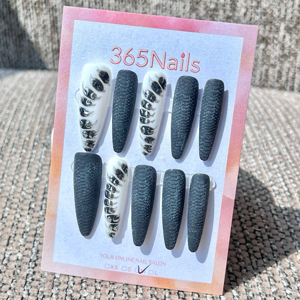 365nails: "Noir Metallic Skeleton" – Matte Black & Silver Bone Handmade Stiletto Nails