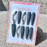 365nails: "Noir Metallic Skeleton" – Matte Black & Silver Bone Handmade Stiletto Nails