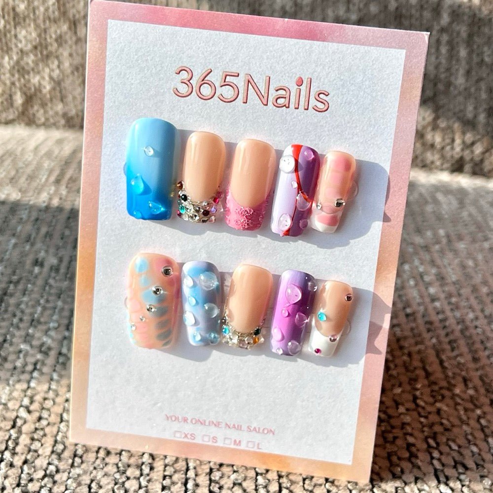 365nails: Y2K 물방울 & 보석 – 수제 미디엄 스퀘어형 프레스온 네일