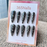 Femme Fatale: "Metallic Python" – Black & Silver Chrome Snakeskin Print Long Stiletto Nails