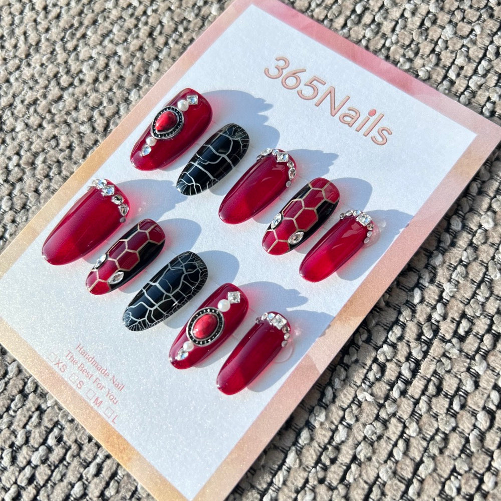 The Gilded Serpent: "Ruby Viper" – Deep Red Cat Eye & Black Crackle Handmade Press-On Nails with Vintage Gemstone