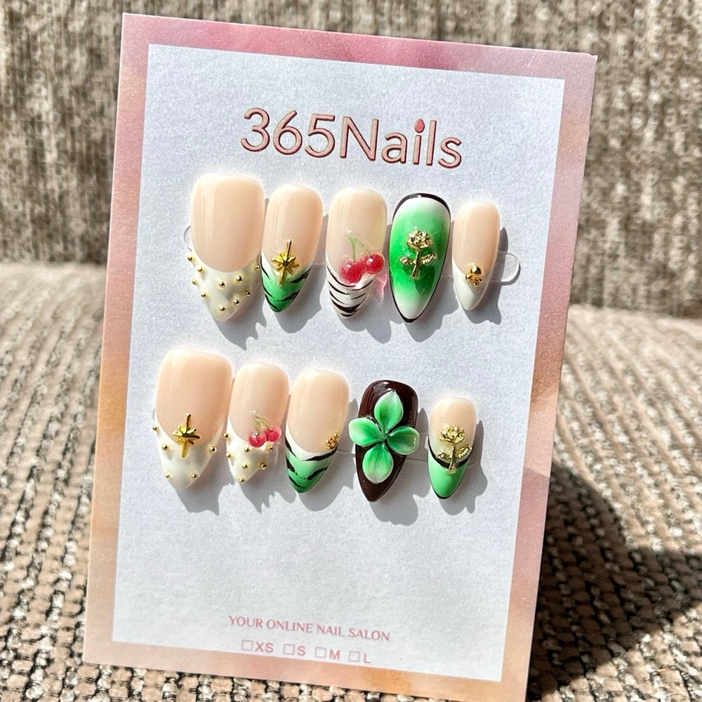365nails: "Lucky Clover" – 3D Floral & Gem Handmade Medium Almond Press On Nails