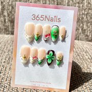 365nails: "Lucky Clover" – 3D Floral & Gem Handmade Medium Almond Press On Nails
