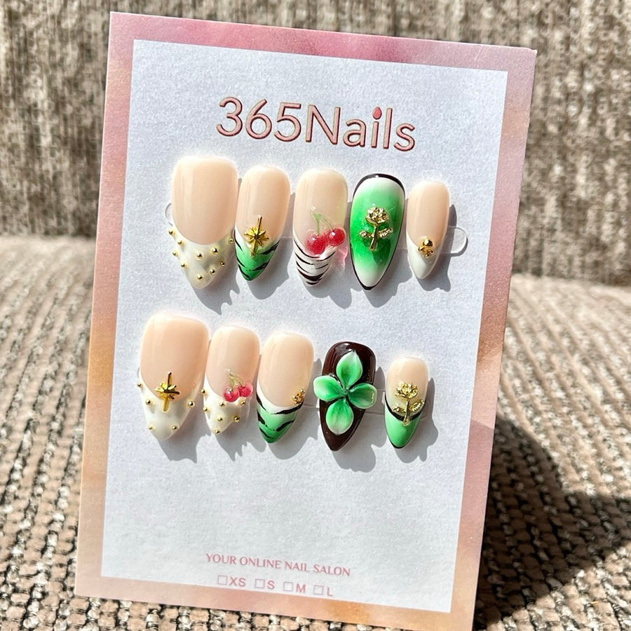 365nails: "Lucky Clover" – 3D Floral & Gem Handmade Medium Almond Press On Nails