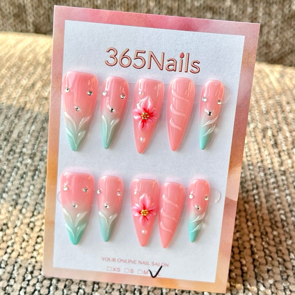 365nails: "Pink Blue Flower Rhinestone 3D" – Handmade Medium Stiletto Press-On Nails
