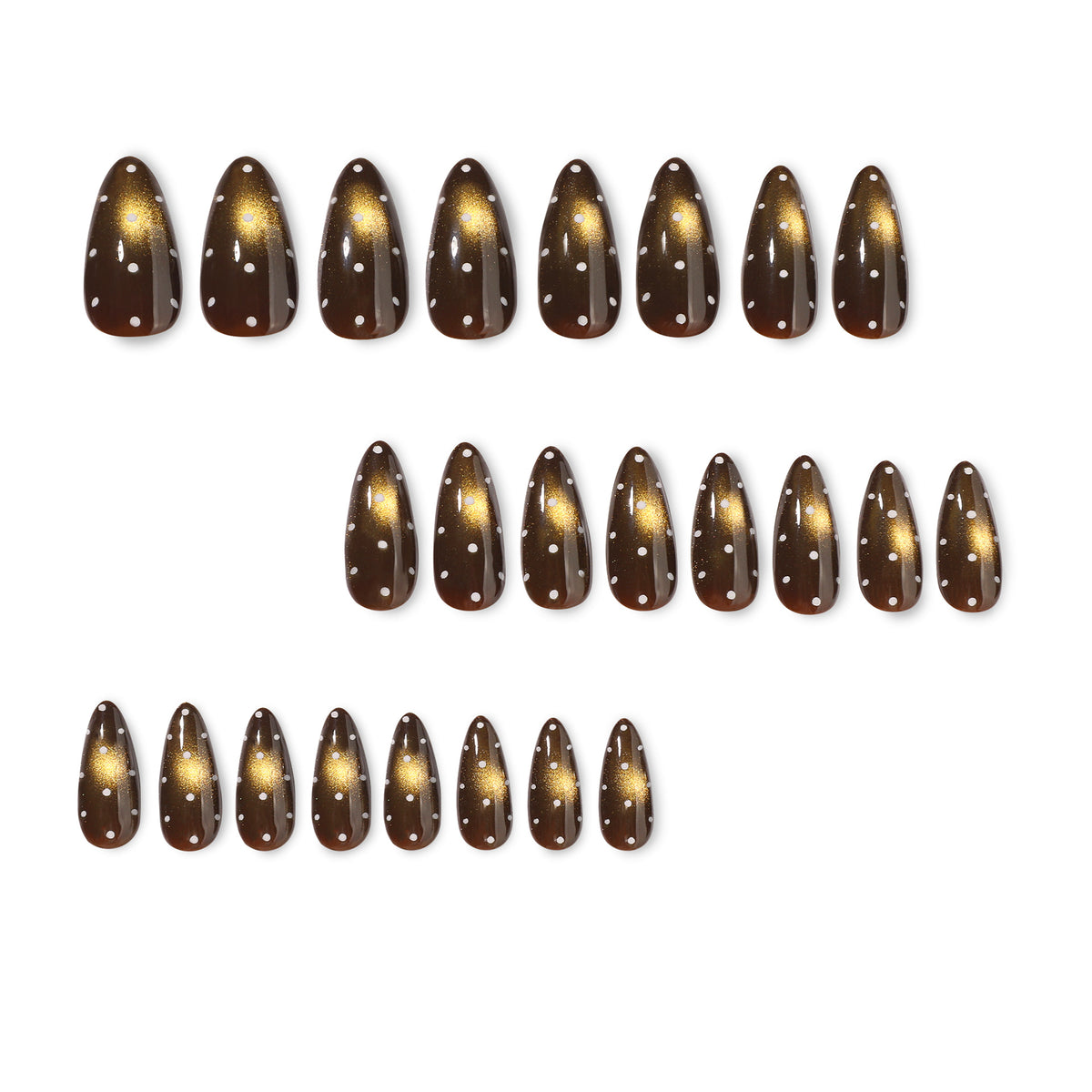 Full set of 24 dark brown almond press-on nails with white dots and gold cat-eye shimmer laid out in rows