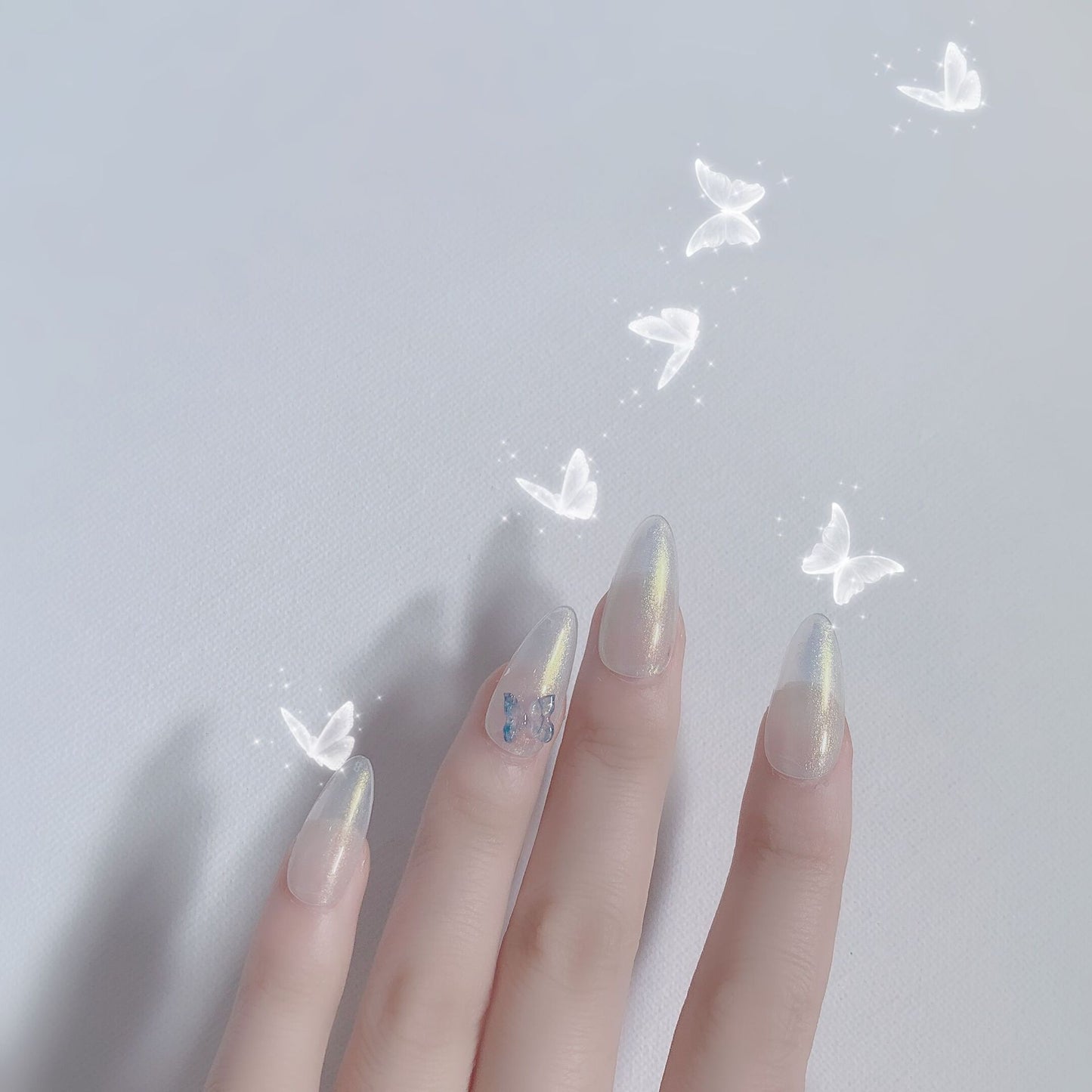 Aurora butterfly pearl powder pointed Internet celebrity resin butterfly press on nails finished fake nail nail patch waterproof｜365nails