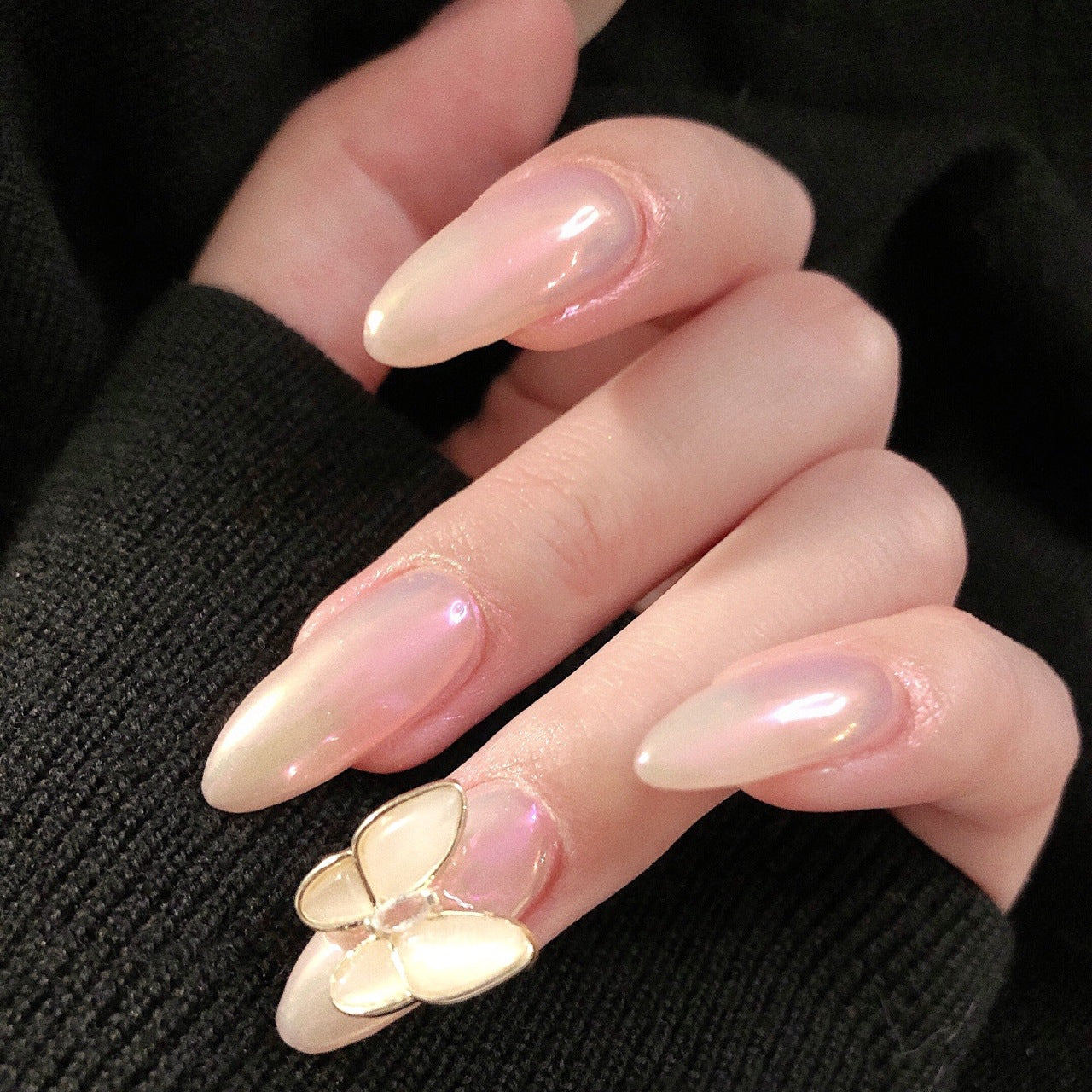 Aurora butterfly pearl powder pointed Internet celebrity resin butterfly press on nails finished fake nail nail patch waterproof｜365nails