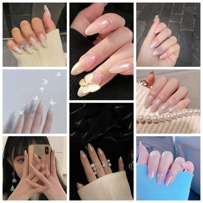 Aurora butterfly pearl powder pointed Internet celebrity resin butterfly press on nails finished fake nail nail patch waterproof｜365nails