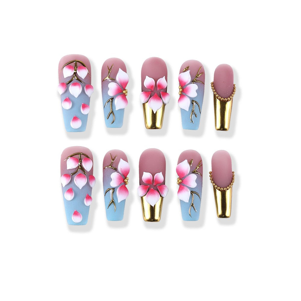 Misty pinkish blue gradient × 3D floral metallic French style mid-length square press on nail