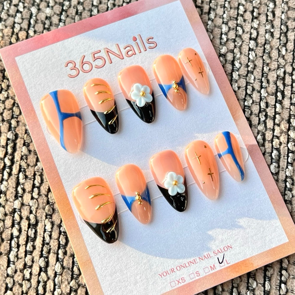 365nails 누드·블루·블랙·골드 플라워 믹스 수제 미디엄 스틸레토형 프레스온 네일