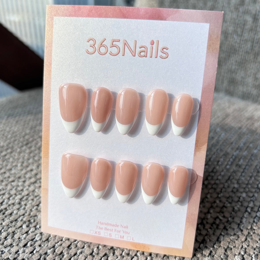 Handmade Warm Nude Base Pure White French Tip Press-On Nails (Solid Color/Custom/Almond)