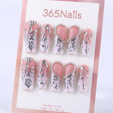 Silver embossed floral design with S-shaped diamond accents, pinkish-white square design Press On Nail