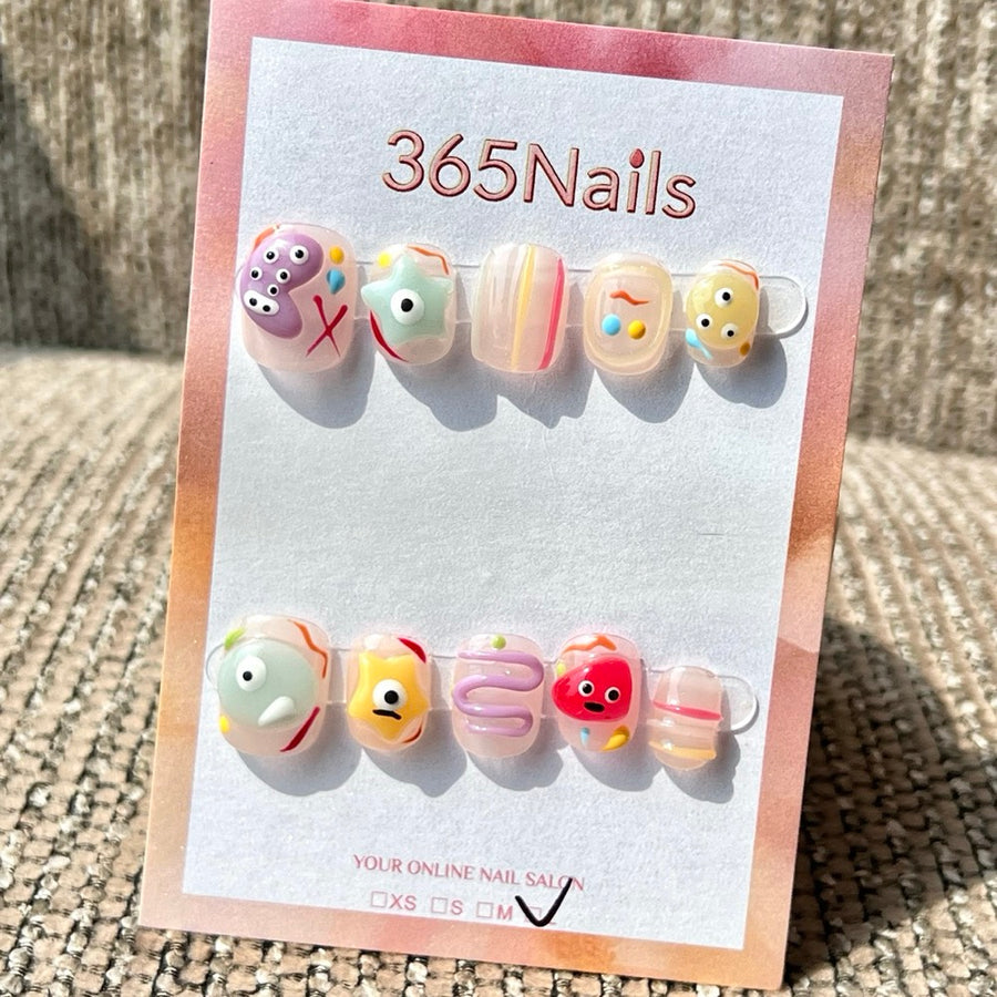 365nails: "Cute Monster Party" – 3D Cartoon Handmade Short Square Press-On Nails