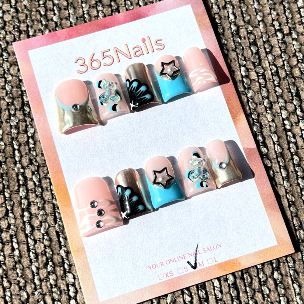 365nails: 천상 시크 – 3D 스타 & 플로럴 수제 스퀘어형 네일