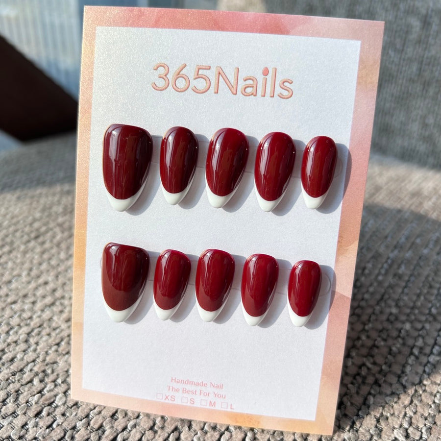 365nails: Handmade Burgundy Base Pure White French Tip Press-On Nails (Solid Color/Custom/Almond)