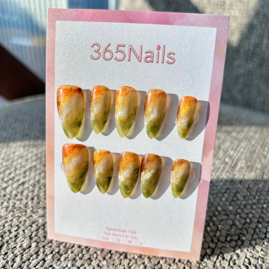 Wizard of Oz & Matcha Vintage Olive Green Caramel Brown Marble Shimmer Nails ｜ Handmade Smudge Series(moq=30)