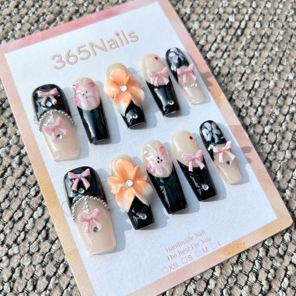 Sculpted Flora: "Sweet Gothic Bloom" – 3D Peach Floral & Pink Bows on Black French Long Square Nails