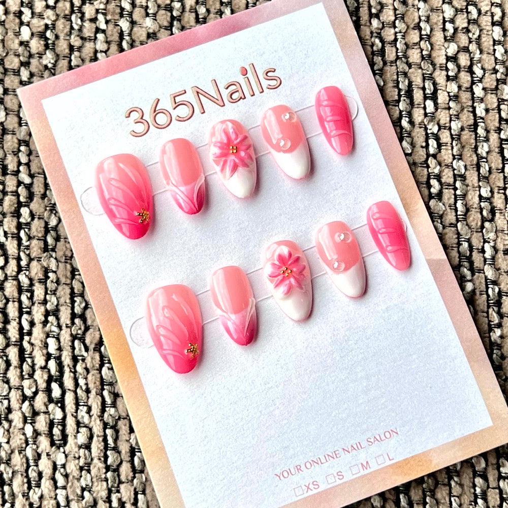 Motif floral aquarelle sur fond rose - Vente en gros d'ongles press-on faits main ultra-souples à ajustement flexible (MOQ=100)