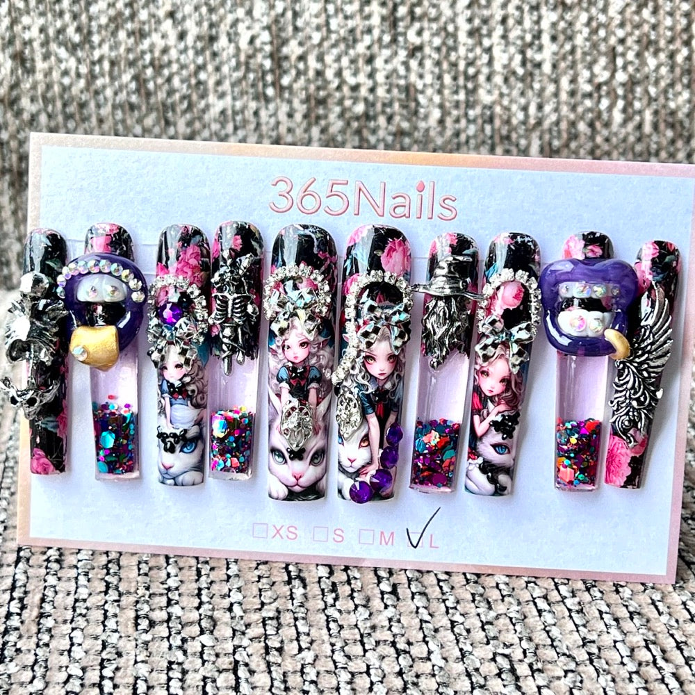 365nails: "Dark Wonderland Alice" – Handmade Gothic Liquid Motion Press-On Long Pipe Nails-5.5cm