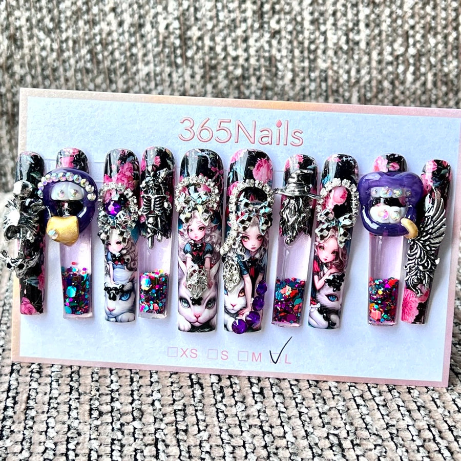 365nails: "Dark Wonderland Alice" – Handmade Gothic Liquid Motion Press-On Long Pipe Nails-5.5cm