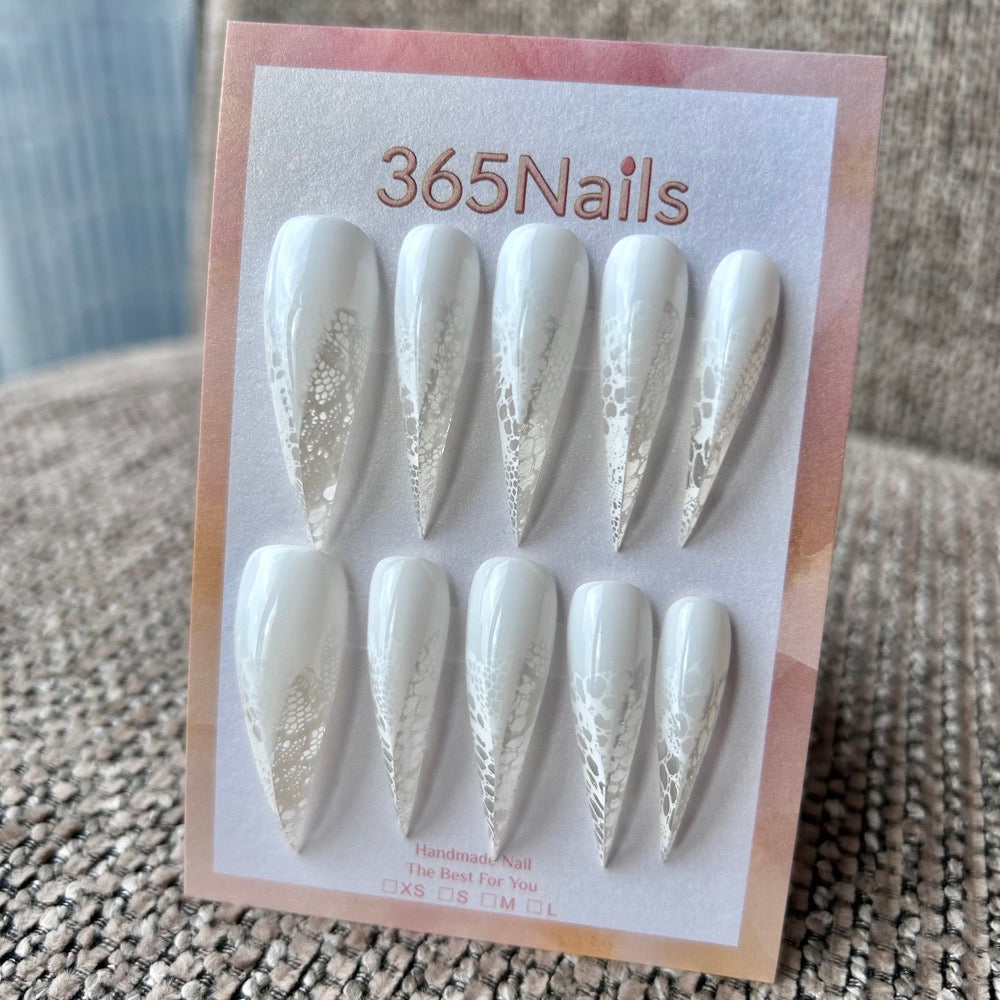 Snow Lace Dragon Claw Stiletto Press On Nails｜Milky White with Lace Detail｜365Nails Premium Handmade Dragon Nail