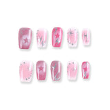 Pink Glitter Press-On Nails with Silver Flames and Star Designs