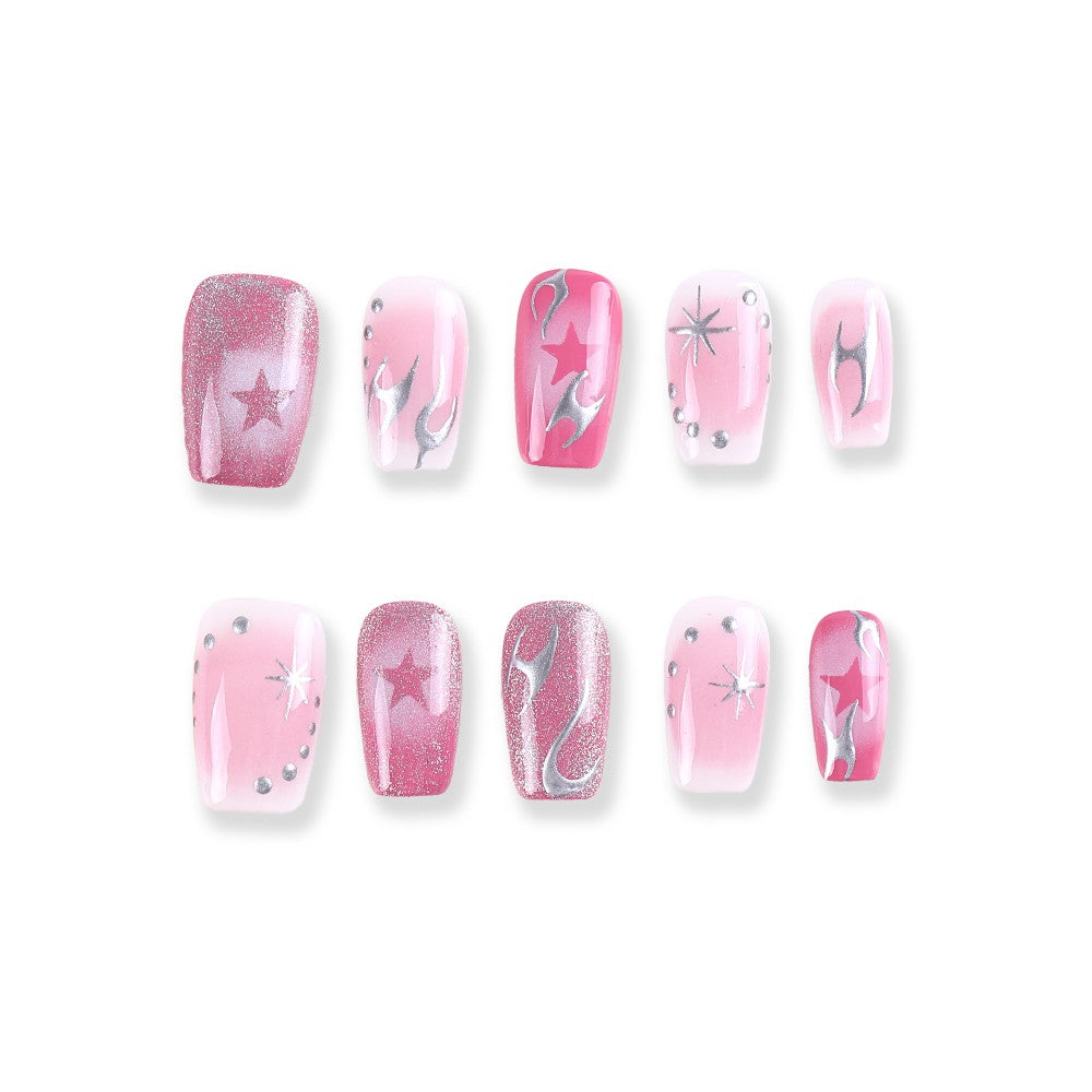 Pink Glitter Press-On Nails with Silver Flames and Star Designs