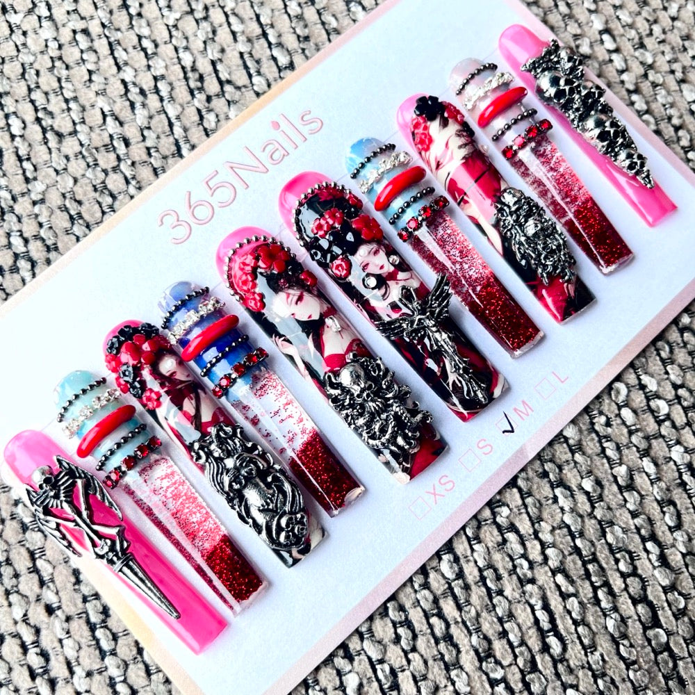 365nails: "Crimson Masquerade" – 3D Figure Art Handmade Coffin Nails-5.5cm