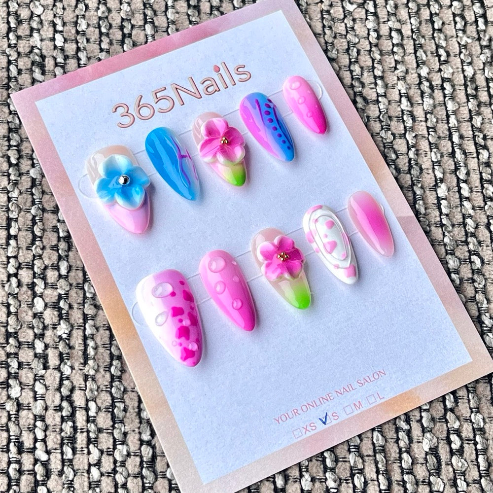 365nails: "Tropical Néon Rose et Bleu, Fleurs 3D, Bulles, Aquarelle" – Été Fait Main Ongles Longs Forme Stiletto