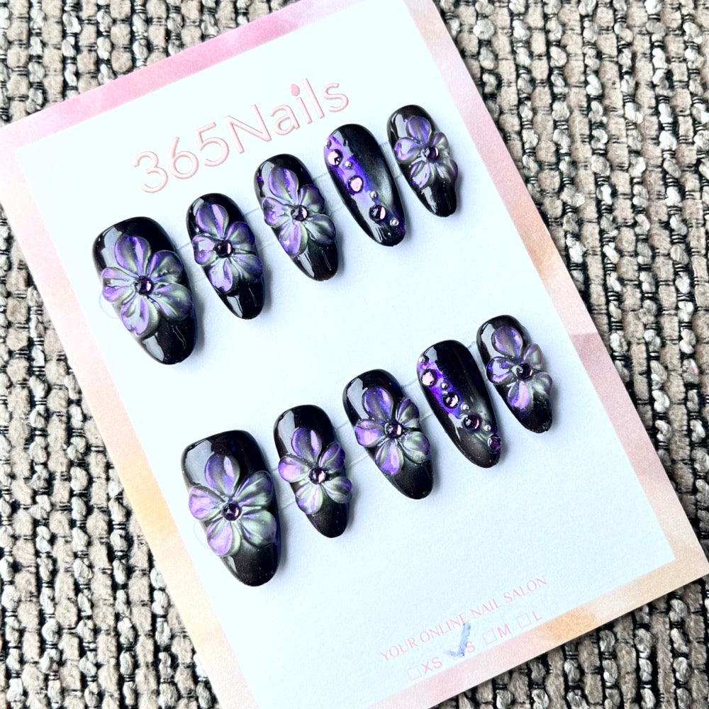 365nails: "Midnight Violet" – 3D Floral Handmade Medium Coffin Nails