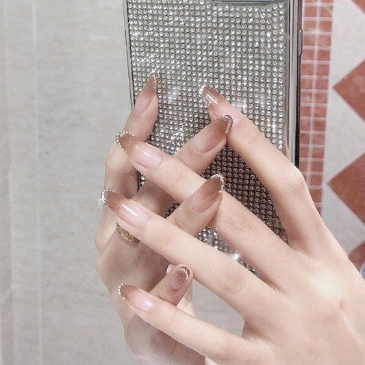 Brown color gradual change fingertips full diamond wearing finished nail fake nail waterproof detachable nail patch stall source｜365nails