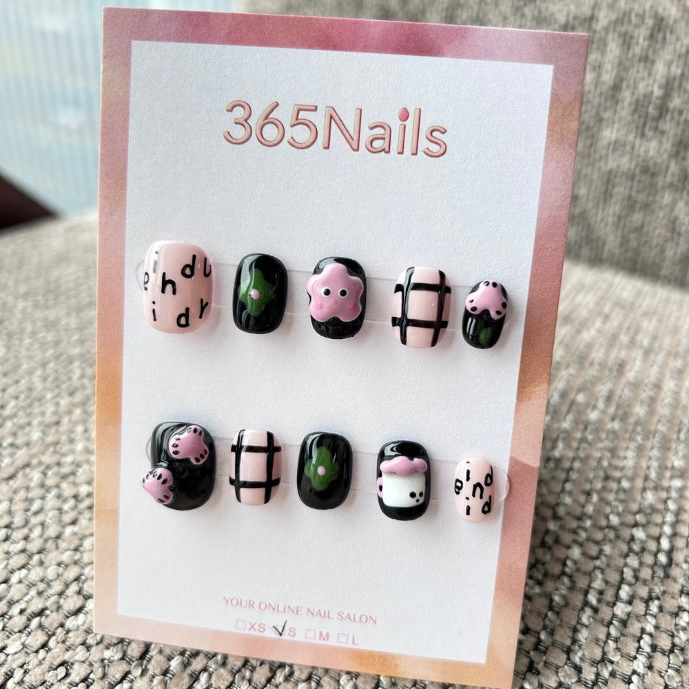 Cartoon & Dopamine: "Punk Pink Kitty" – 3D Paw Pads, Melting Star, Graffiti Text & Black Plaid Short Nails