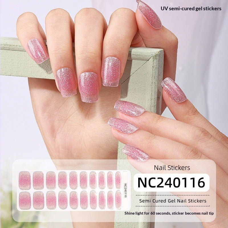 Semi-Cured Gel Nail Strips French Glitter Pink Sparkle Glossy Set (MOQ=3)