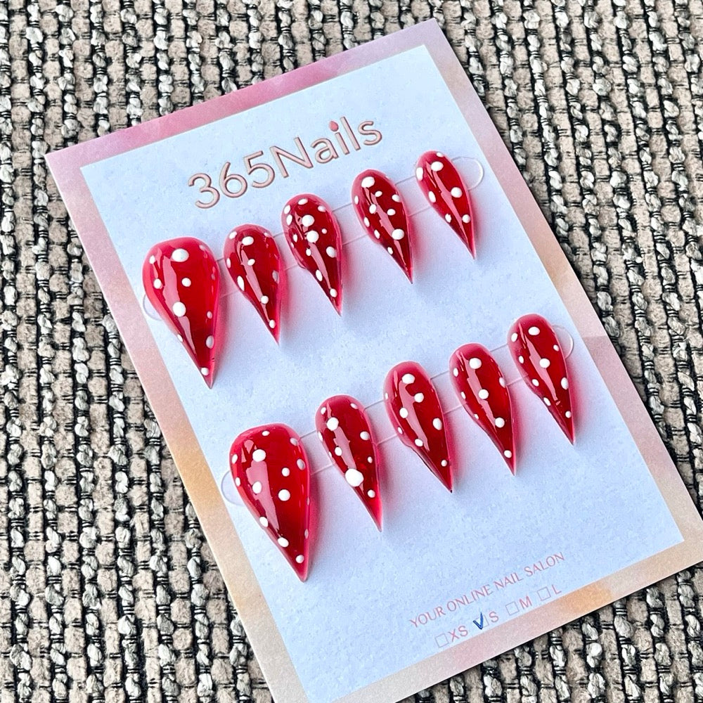 365nails: "Jelly Transparent à Pois Rouges et Blancs" – Classique Fait Main Ongles Longs Forme Stiletto