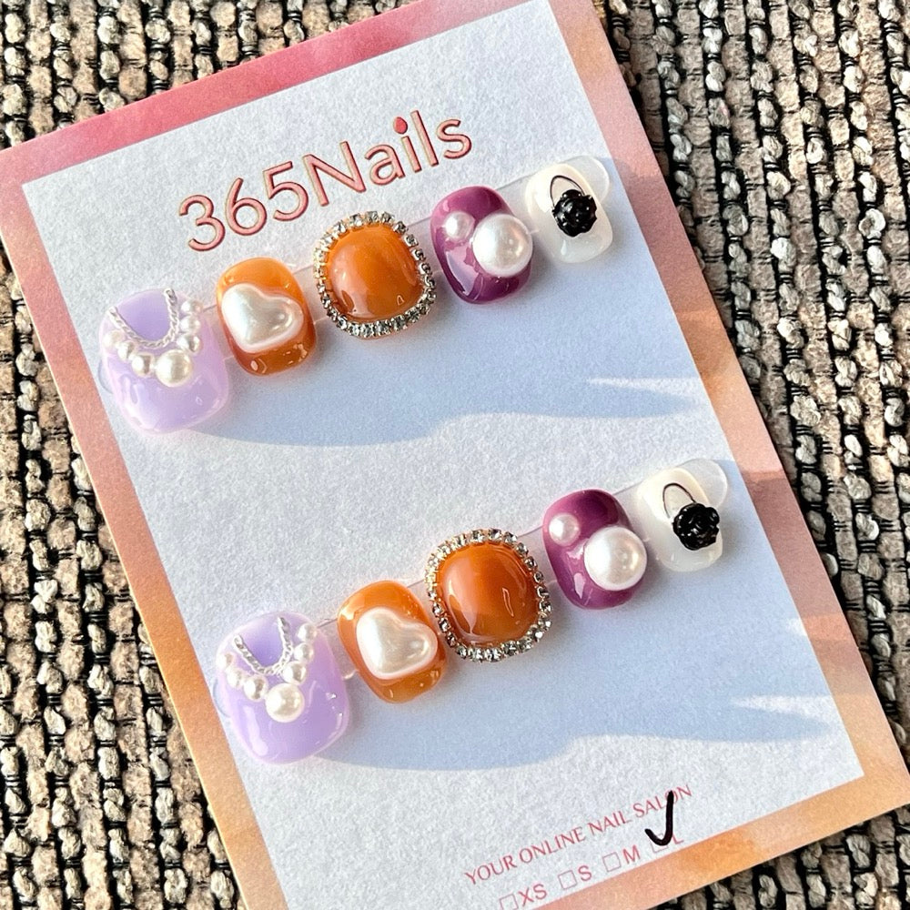 365nails 컬러풀 펄 하트 라인스톤 — 수제 숏 스퀘어형 프레스온 네일