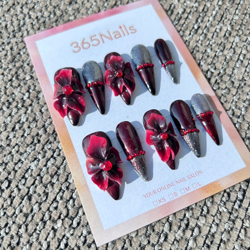 Sculpted Flora: "Crimson Nightshade" – 3D Dark Red Flowers & Silver Glitter Ombre Stiletto Nails