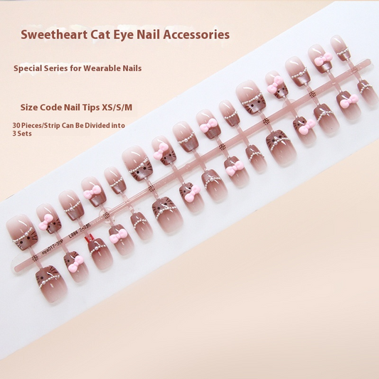 Pontas de unha pré-fabricadas, unhas francesas de pérolas, laço de olho de gato, manicure removível para meninas, 30 peças ｜ 365 unhas