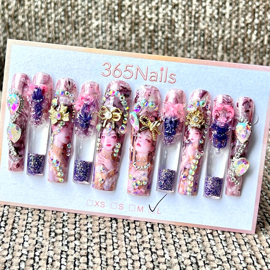 365nails: "Regal Lavender Princess" – Handmade Liquid Motion Press-On Long Pipe Nails-5.5cm