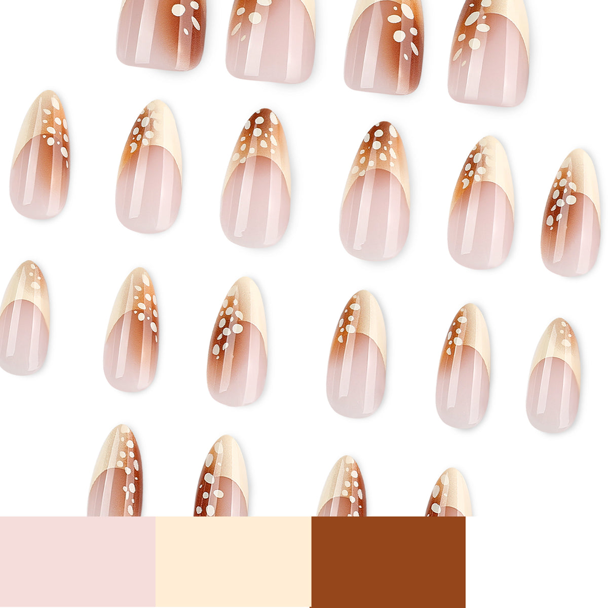 Multiple almond nails with brown gradient tips beside a nude, beige and brown color palette