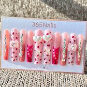 365nails: "Pink Leopard Pearl Heart" – Handmade Long Trapezoid Press-On Nails