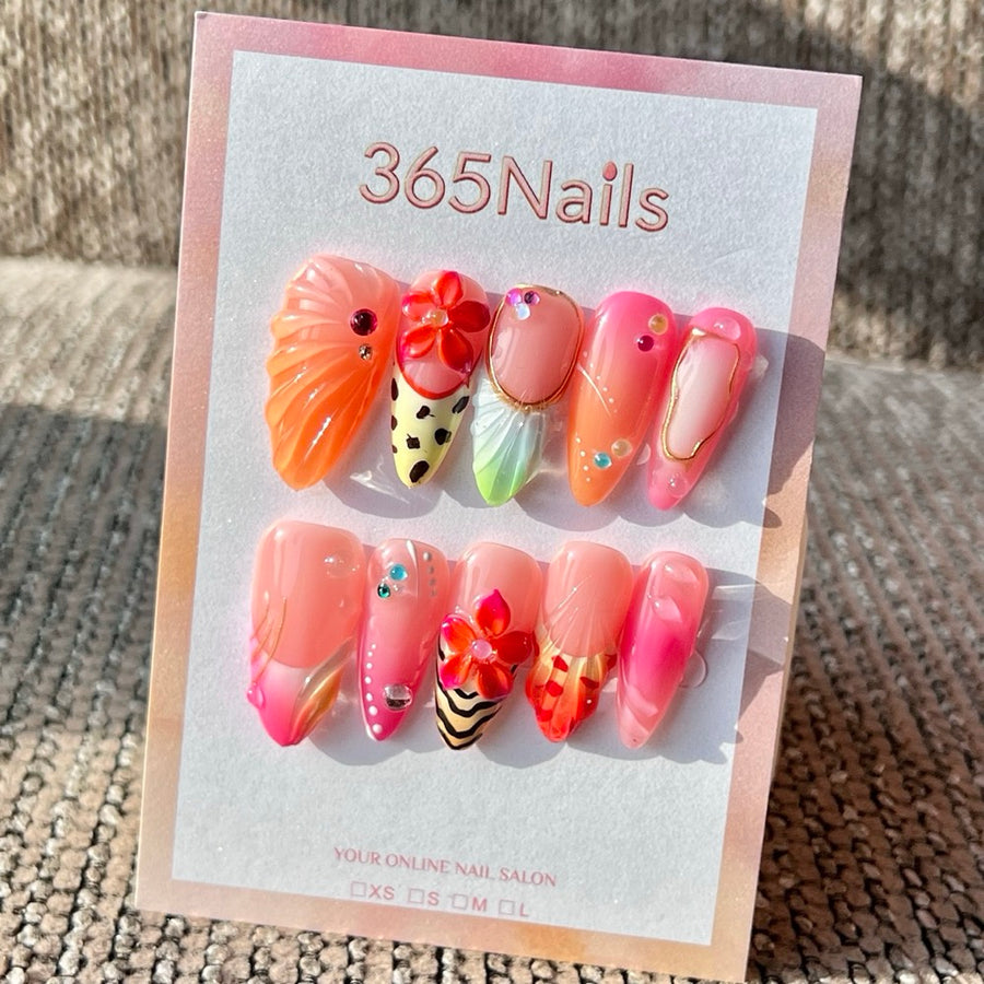 365nails: "Tropical Sunset" – Handmade Medium Almond Press-On Nails