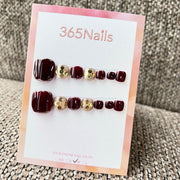 365nails: "wine red & gold glitter" – handmade press-on pedicure