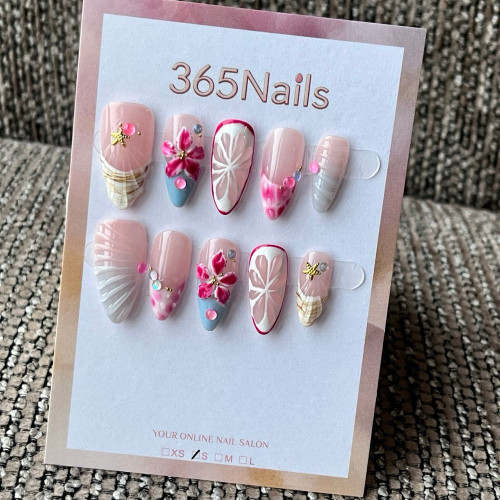 Handmade Almond Pink White Floral 3D Charm Press-On Nails